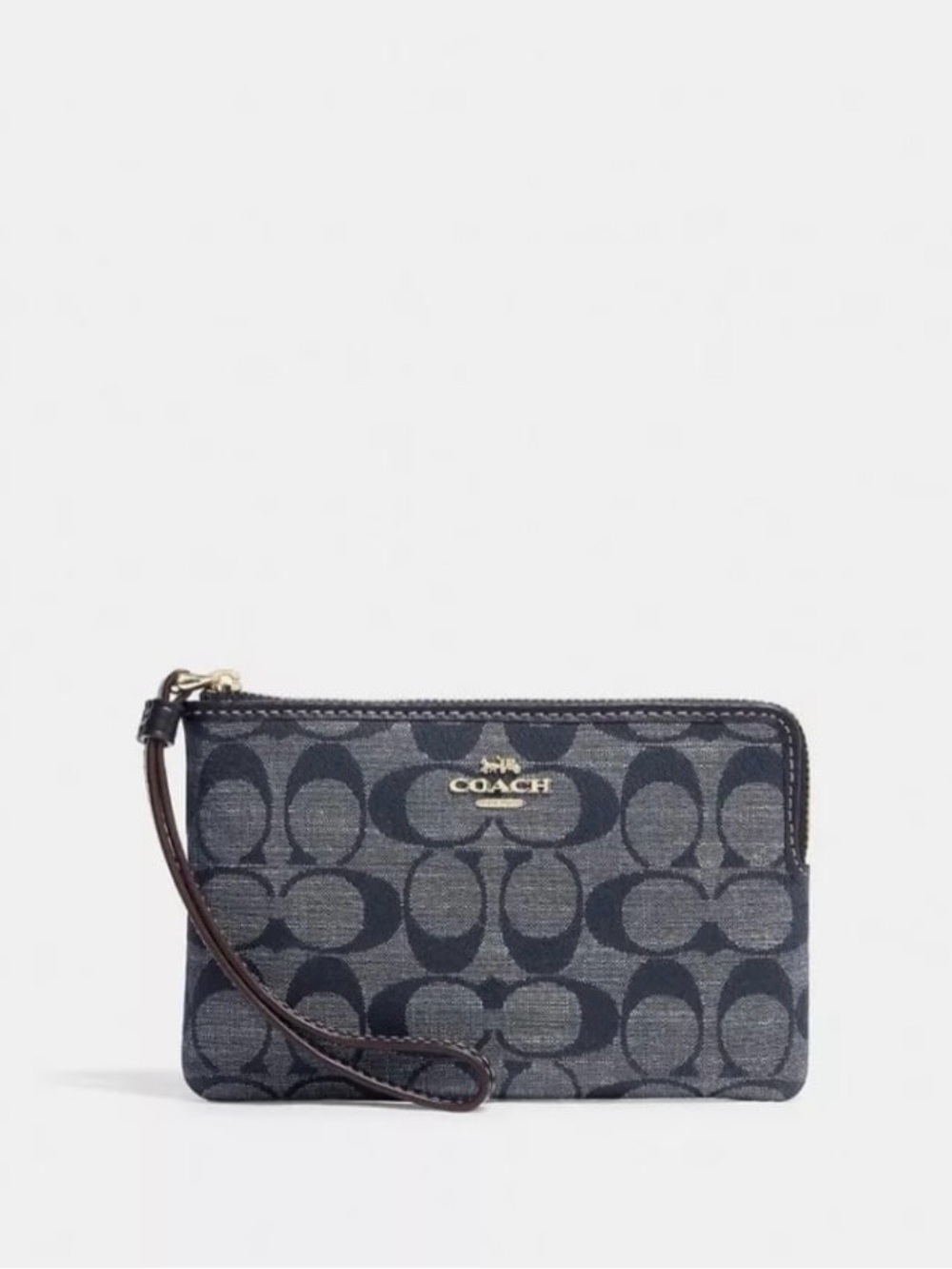 Coach Corner Zip Wristlet In Signature Chambray Navy Blue NEW